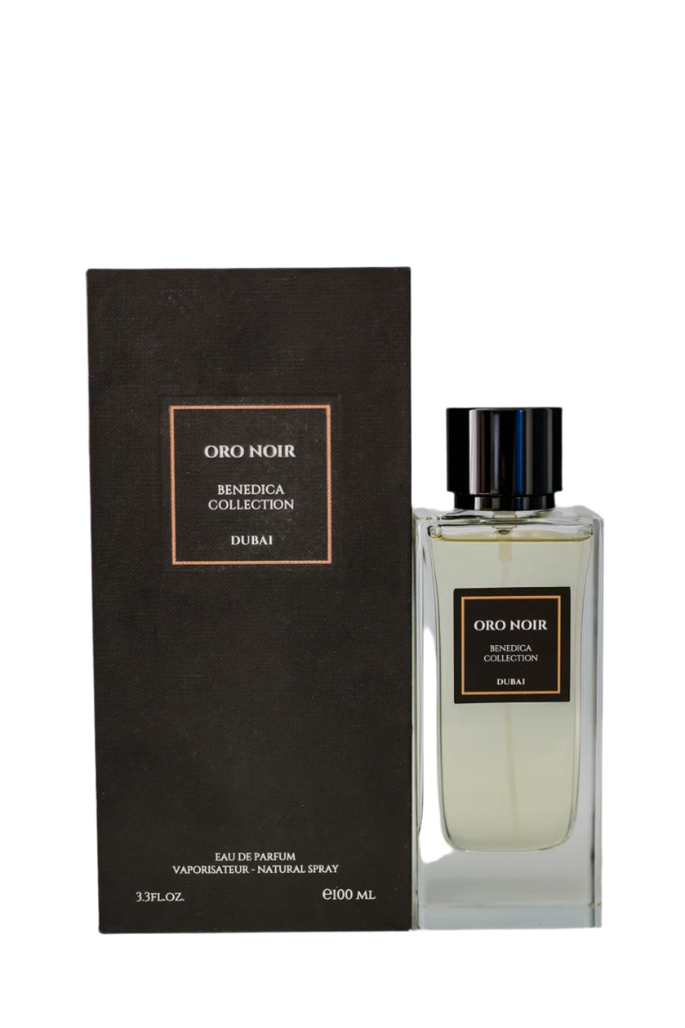 A rectangular black BENEDICA COLLECTION box labeled BENEDICA ORO NOIR UNISEX EDP stands beside a clear glass bottle with a black cap and matching label, featuring a light-colored unisex Eau de Parfum.