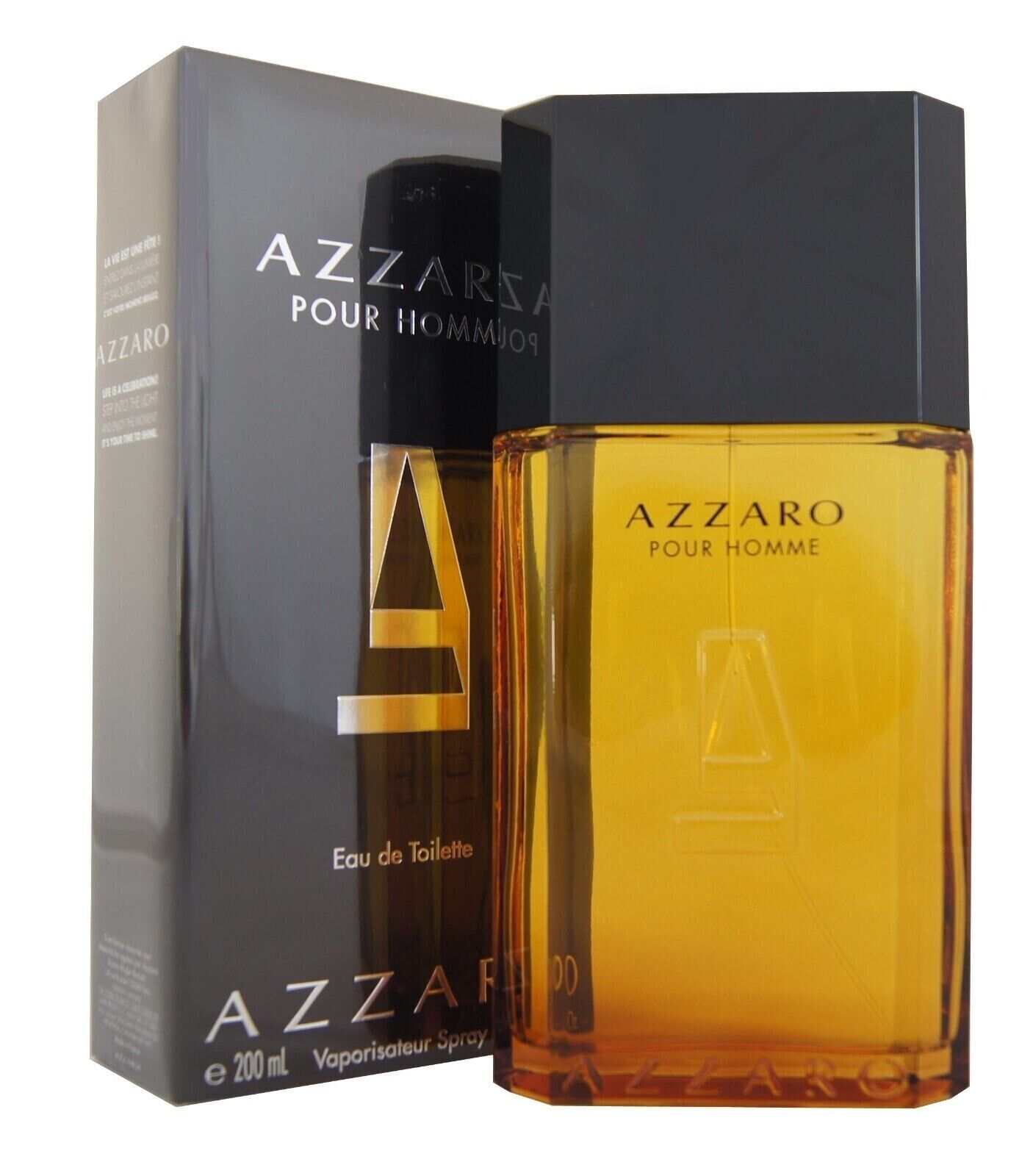 The AZZARO CLASSIC MAN Eau de Toilette features amber-toned liquid in a sleek spray bottle beside its black and gray box, showcasing the classic, elegant scent signature of the AZZARO brand.