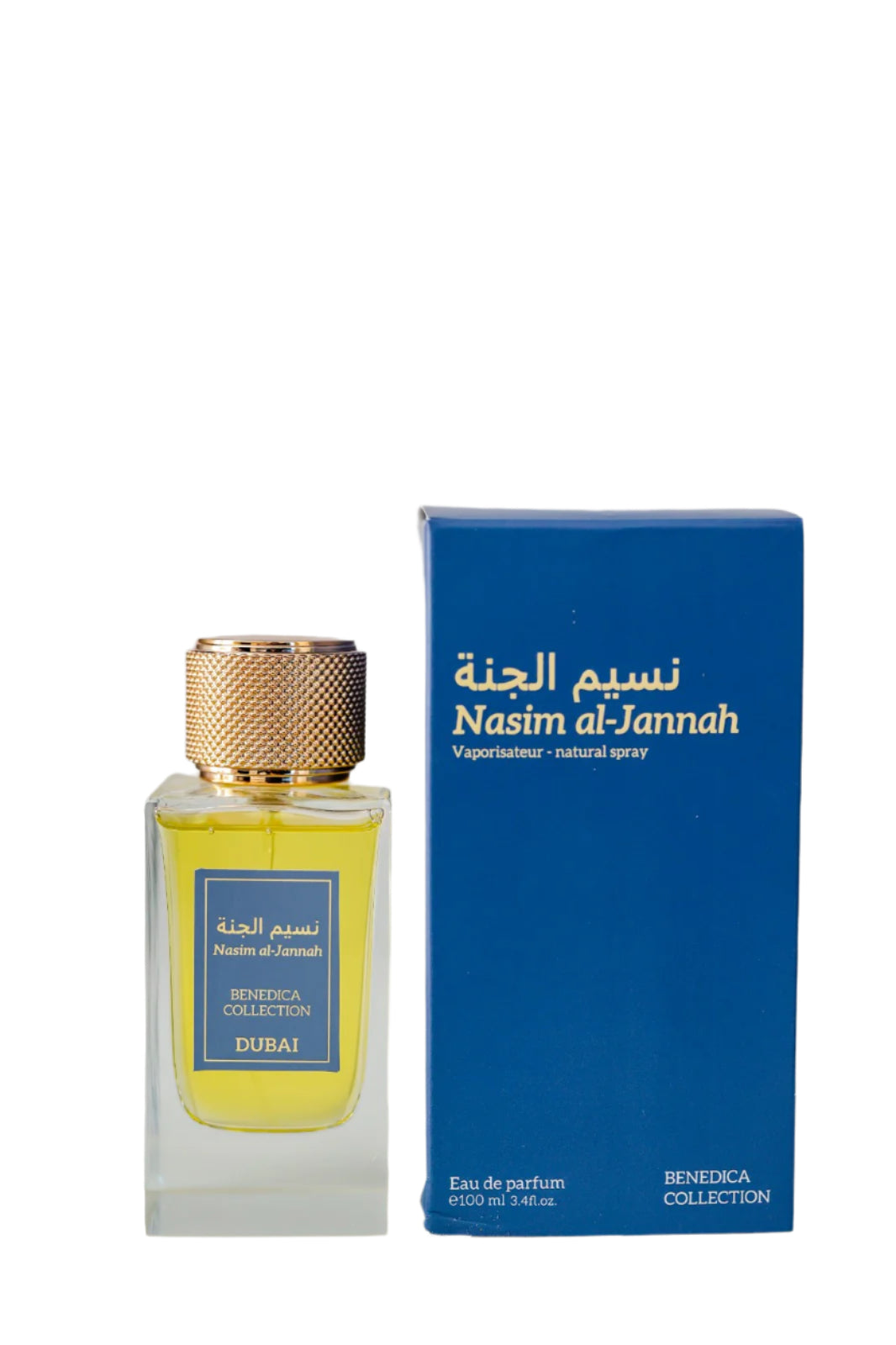 A bottle of BENEDICA NASIM AL JANNAH EDP UNISEX with a gold cap sits beside its blue box, both bearing English and Arabic text. This fragrance by BENEDICA COLLECTION offers an alluring, versatile scent suitable for all genders.