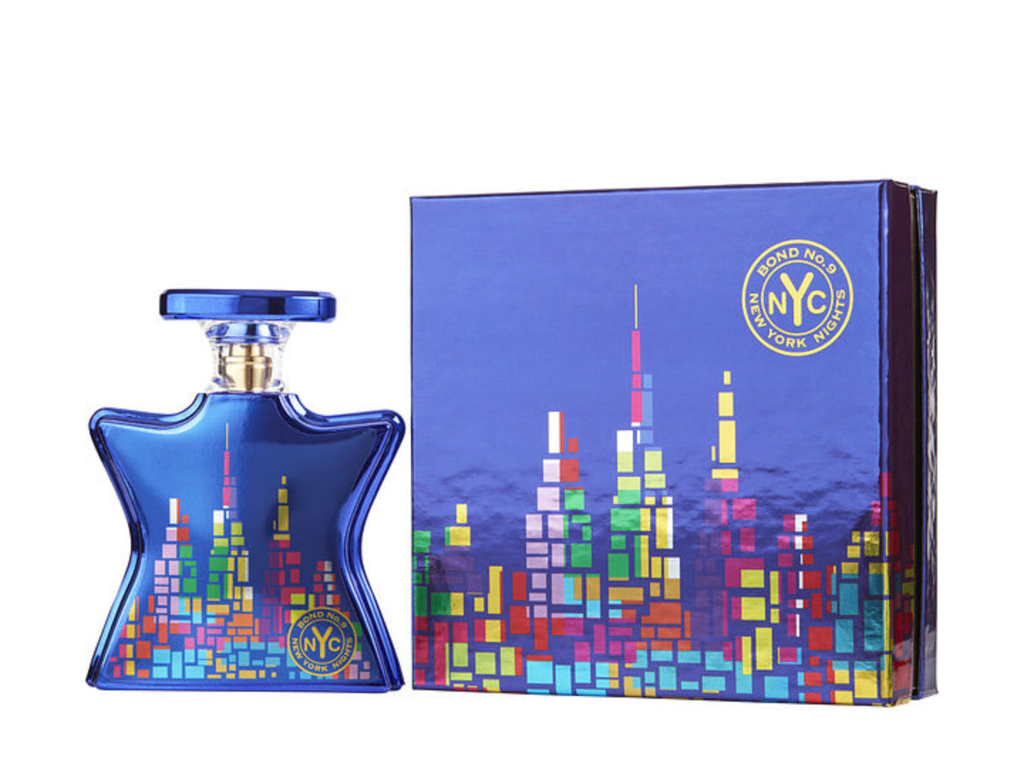 Blue perfume bottle and packaging with colorful cityscape design on a white background