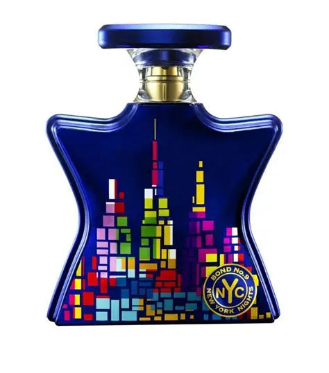 Perfume bottle with colorful cityscape design on a white background