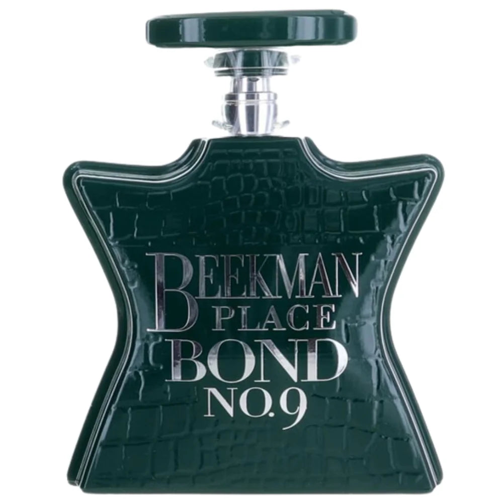 Green perfume bottle with 'Beeckman Place Bond No. 9' text on a white background