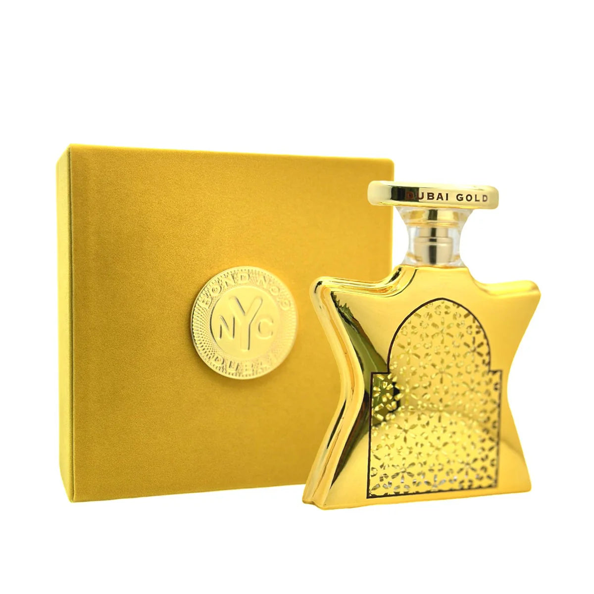 Gold perfume bottle and packaging with 'NYC' logo on a white background