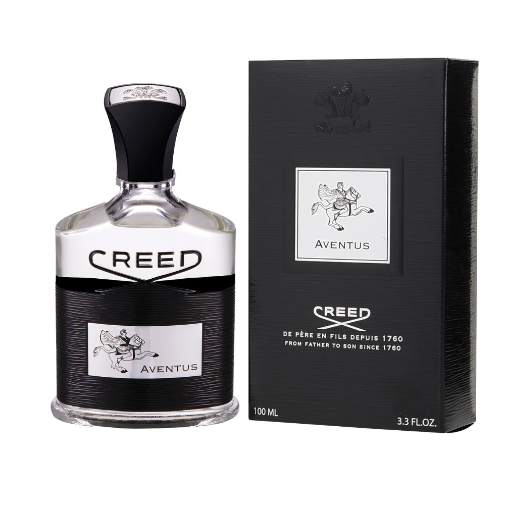 A bottle of CREED AVENTUS EDP MAN by CREED with a black and silver label is shown beside its matching box, both displaying the CREED logo, horse and rider graphic, and product details—a signature masculine fragrance.