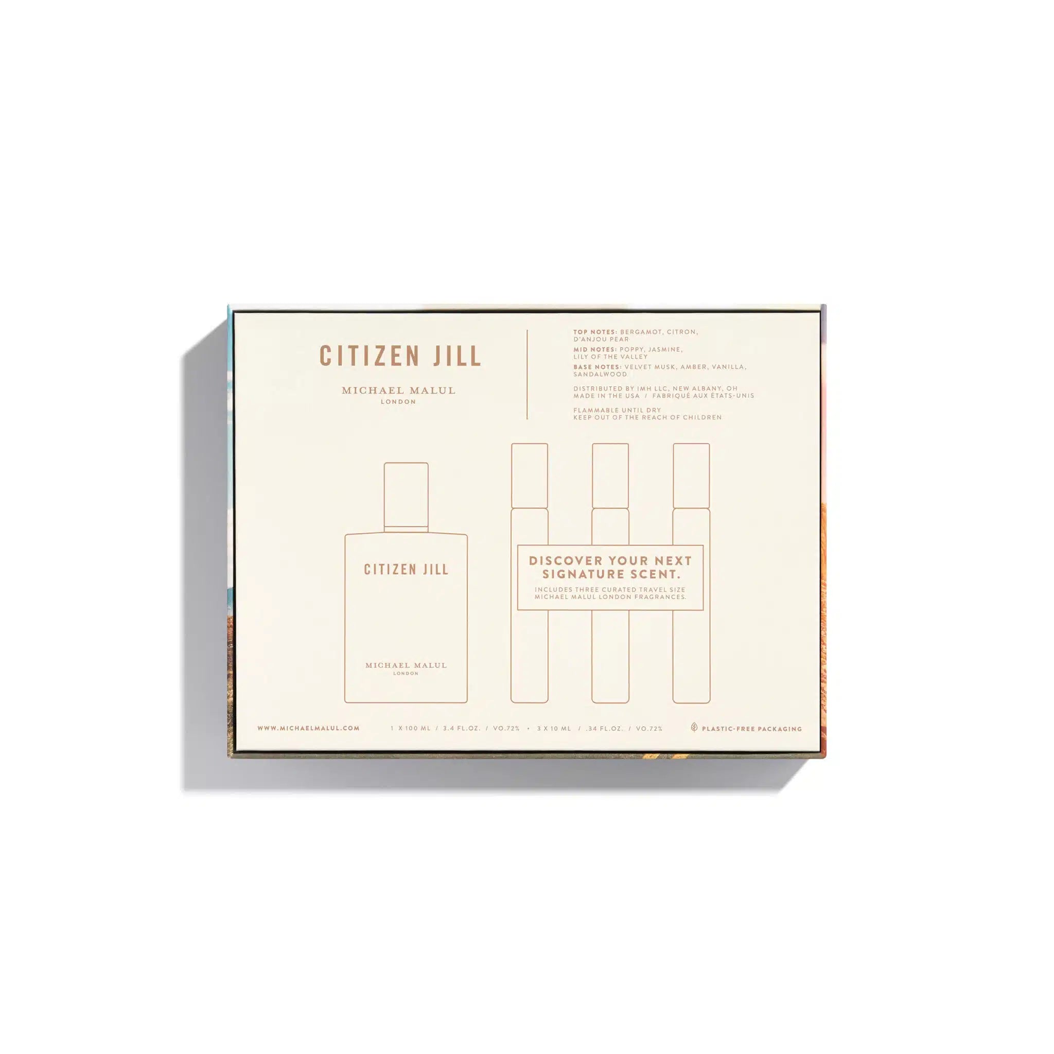 The minimalist packaging for MICHAEL MALUL CITIZEN JILL EDP WOMEN SET features perfume bottle line art and text highlighting the 3.4oz fragrance sampler GIFT SET with the phrase Discover your next signature scent.