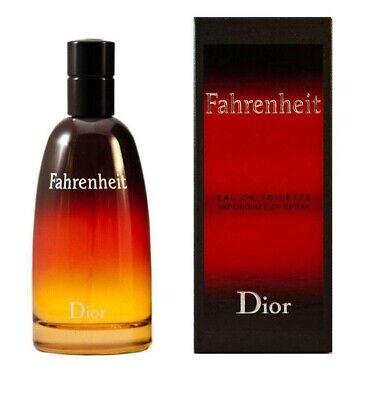 A bottle of DIOR FAHRENHEIT EDT MEN by DIOR, featuring a gradient red and yellow design, is displayed beside its matching box, both bearing the product name and brand, reflecting its signature woody floral scent.