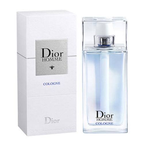 A clear bottle of DIOR HOMME COLOGNE MEN by DIOR stands beside its white box, featuring a white spray top and blue Cologne text with the Dior Homme logo, reflecting its fresh and citrusy scent.
