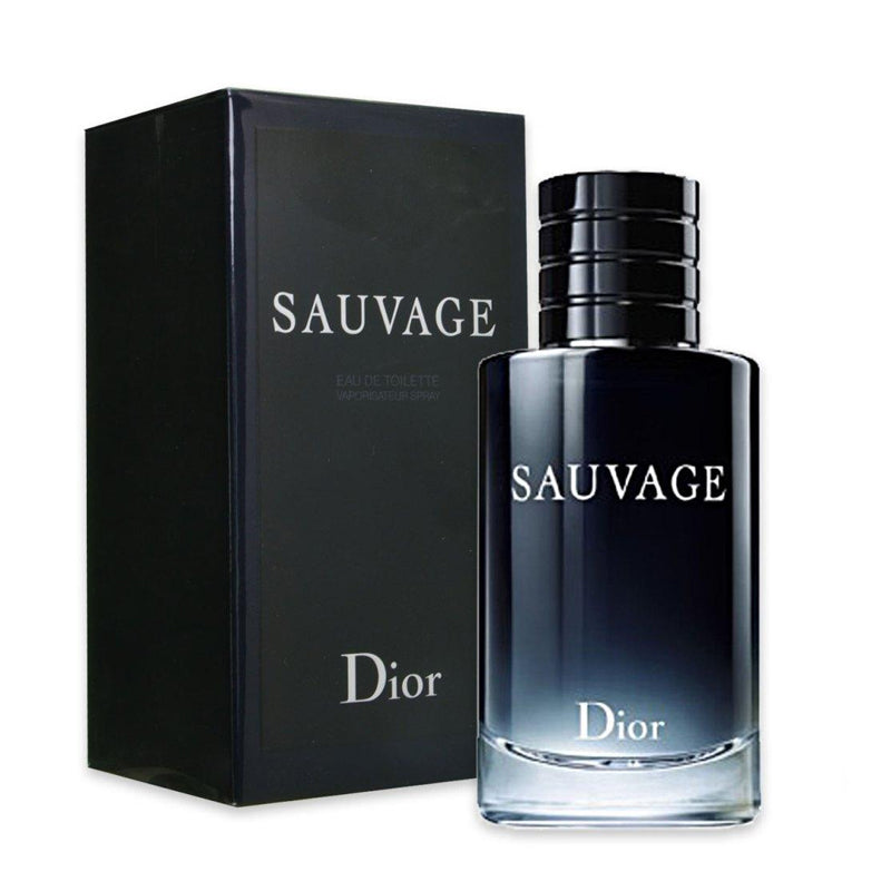 A bottle of DIOR SAUVAGE EDT MEN by DIOR is shown next to its black box, both featuring the names “Sauvage” and “Dior” in bold white capital letters.