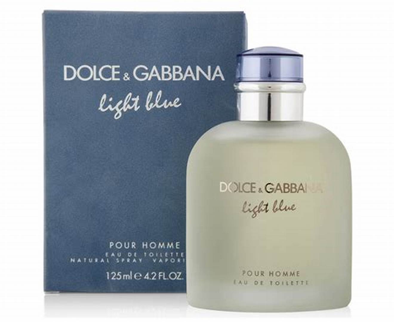 A bottle of DOLCE & GABBANA LIGHT BLUE EDT MEN stands in front of its blue box, featuring a frosted glass design with a silver and blue cap. This citrusy fragrance is inspired by the Mediterranean summer.