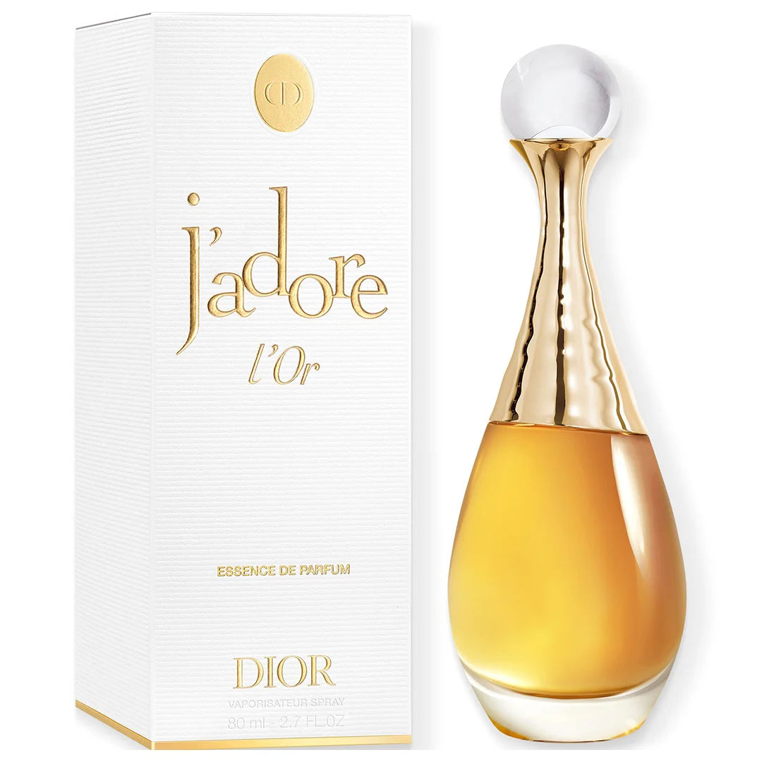 Dior j'adore l'or perfume bottle and packaging on a white background