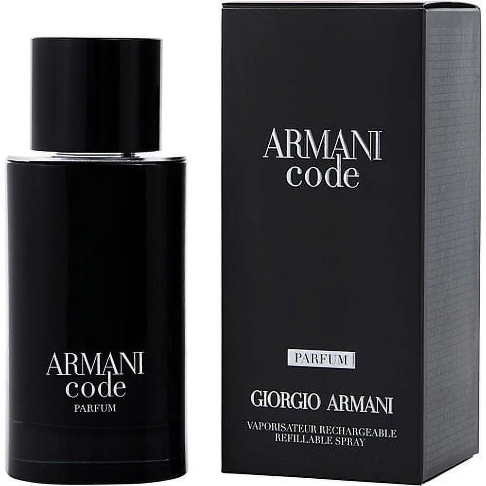 A black bottle of GIORGIO ARMANI CODE PARFUM MEN stands beside its sleek black box, both marked with white text and the GIORGIO ARMANI brand—a refined mens fragrance presentation.
