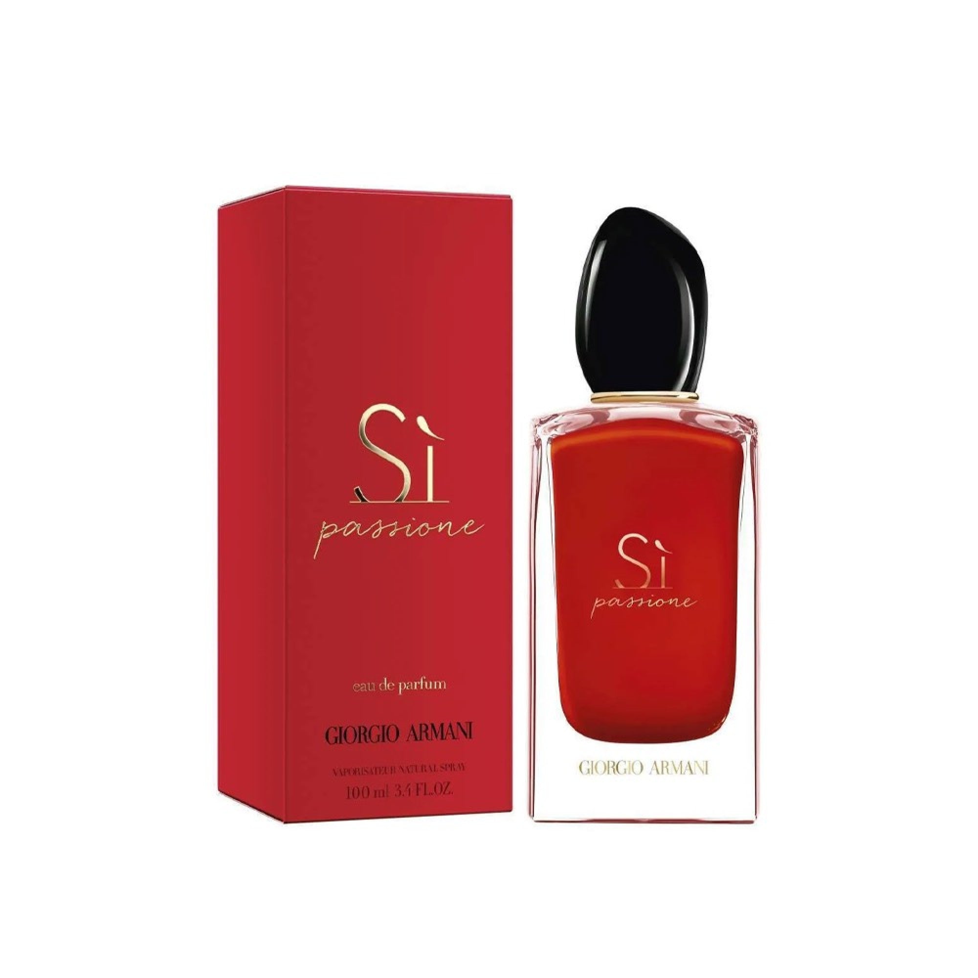 A red box with gold text and matching red bottle with a black cap hold GIORGIO ARMANI SI PASSIONE EDP WOMAN an elegant fragrance by GIORGIO ARMANI for women.
