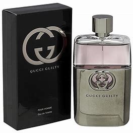 A bottle of GUCCI GUILTY EDT MEN by GUCCI is shown beside its black box, both displaying the silver Gucci logo. The bottle features a metallic finish and silver cap, reflecting the bold, modern scent.