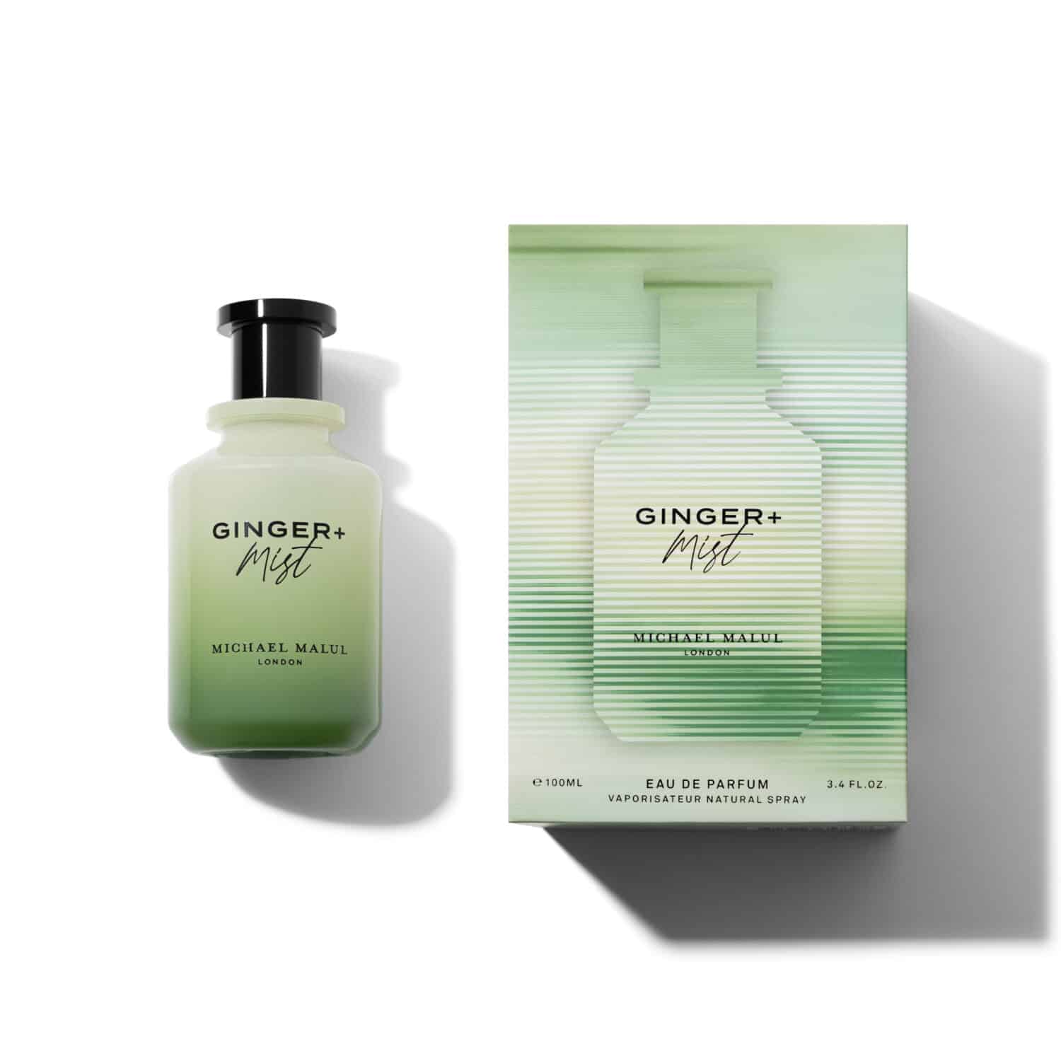 Ginger Mist perfume bottle and packaging on a white background
