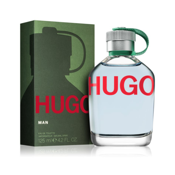 A bottle of HUGO BOSS MAN GREEN EDT by HUGO BOSS with a green cap and matching box. HUGO appears in bold red letters, and the bottle contains 125 ml (4.2 fl. oz.) of this fresh fragrance.