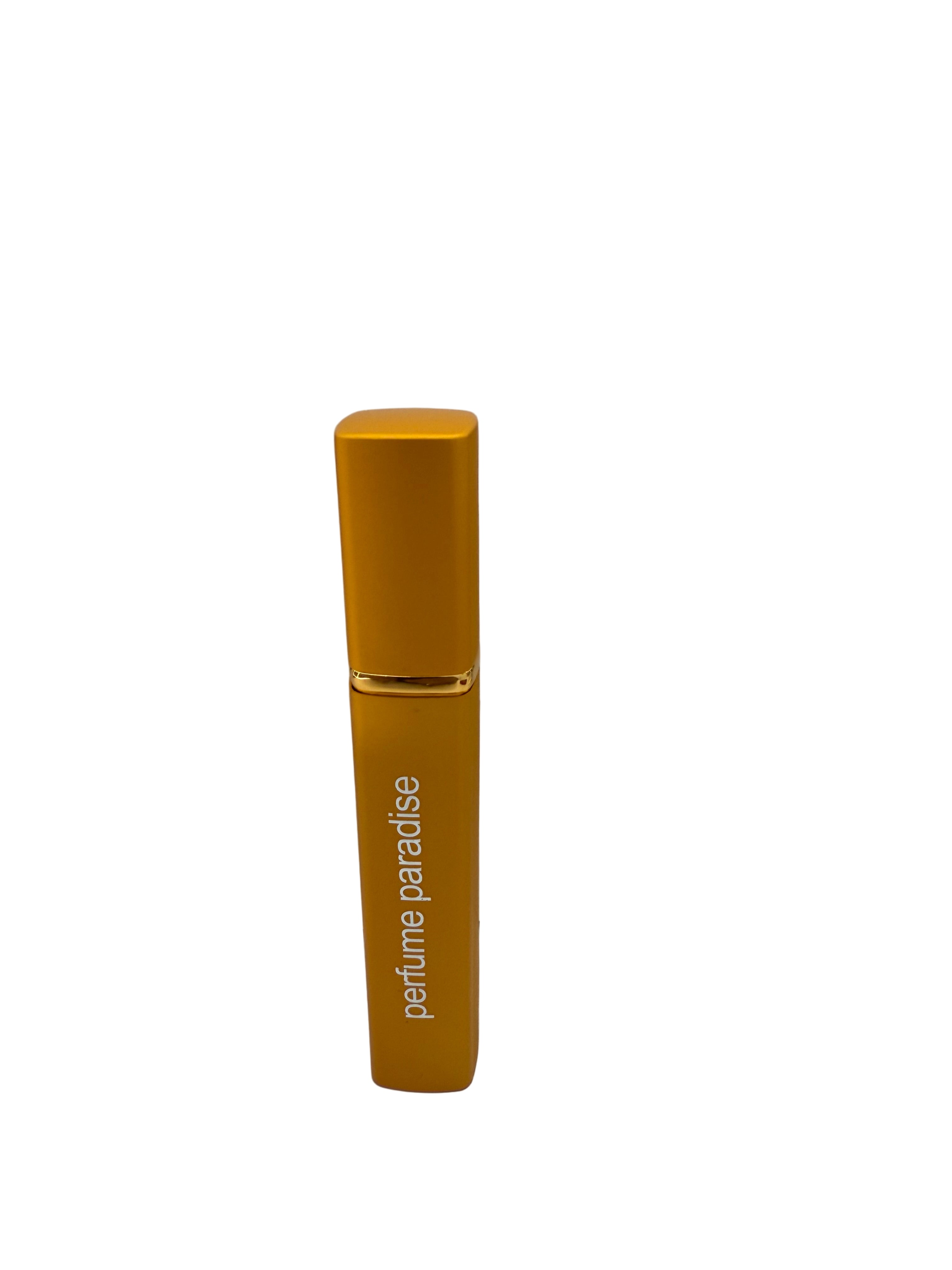 Gold perfume bottle with 'Perfume Paradise' branding on a white surface.