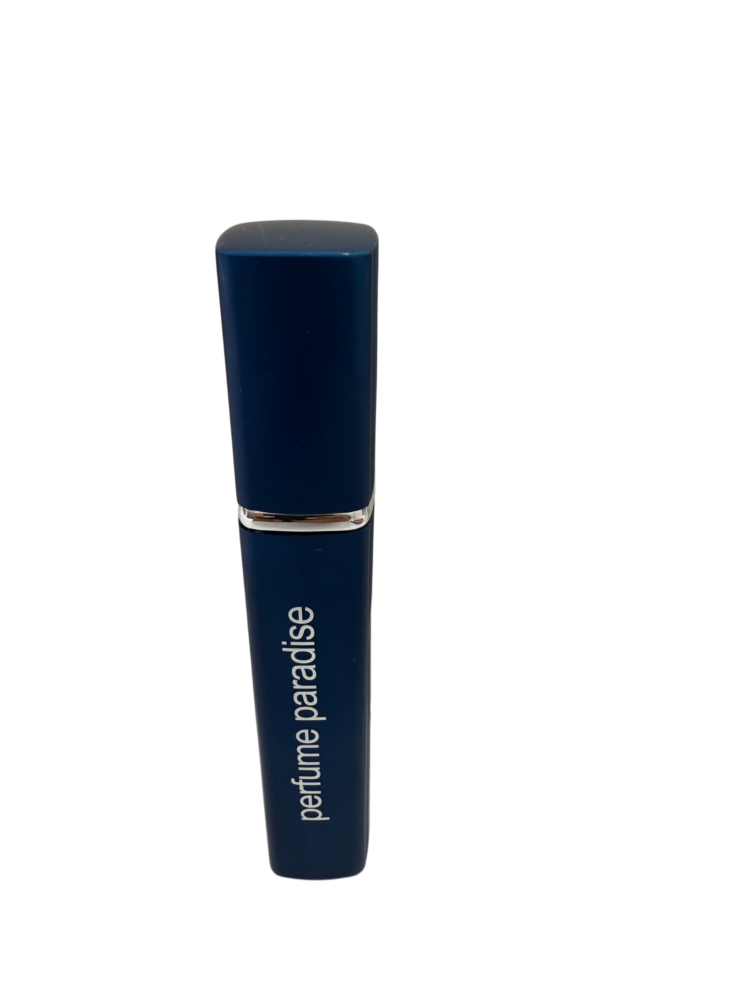 Blue lipstick look with 'Perume automizer' branding on a white surface.