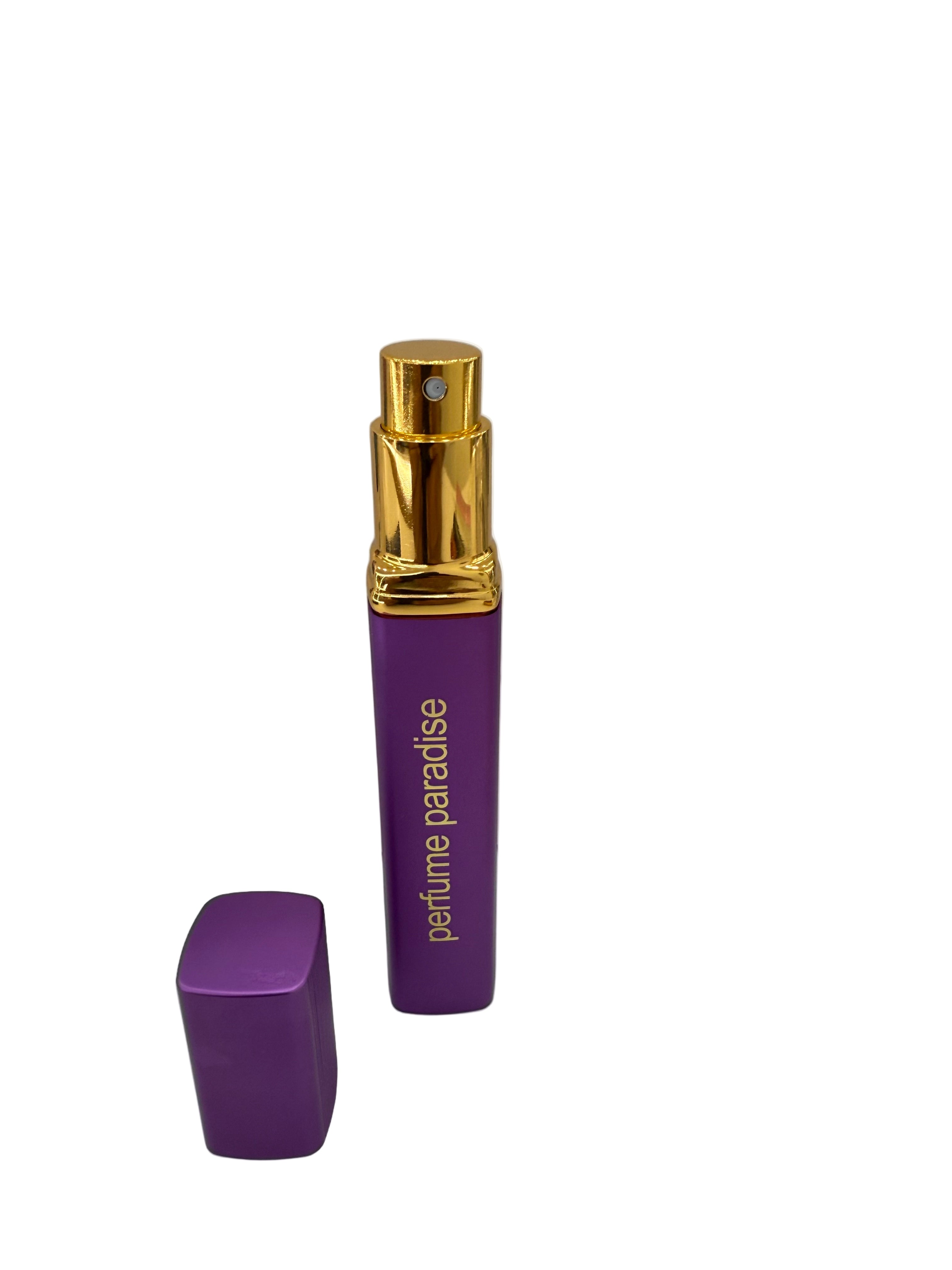 Purple and gold automizer perfume bottle with 'Perfume Paradise' text on a white surface.