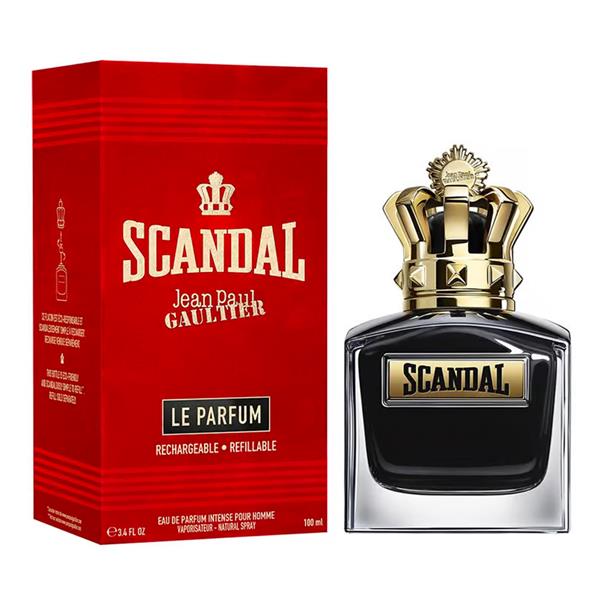 A red box labeled Jean Paul Gaultier stands beside a black JEAN PAUL GAULTIER SCANDAL LE PARFUM EDP MEN bottle with a gold crown-shaped cap and a Scandal label on the front.
