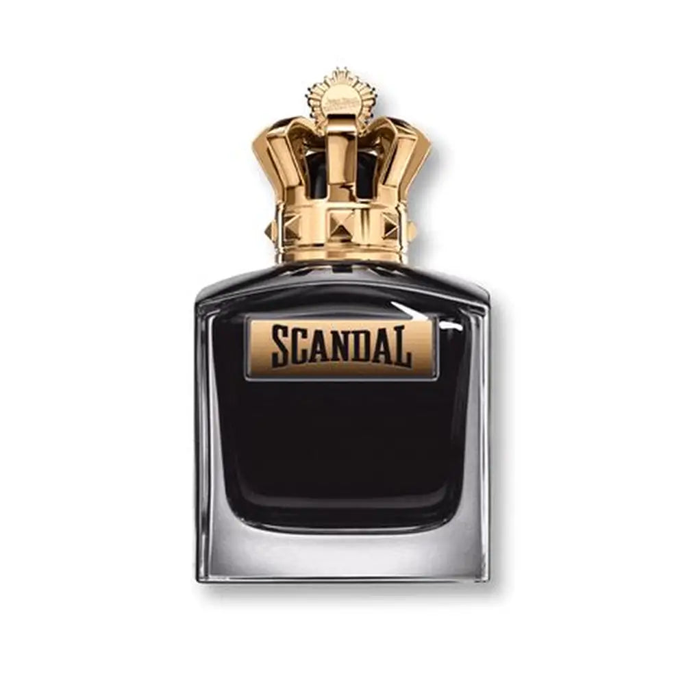 Black perfume bottle with gold cap and 'Scandal' label on a white background