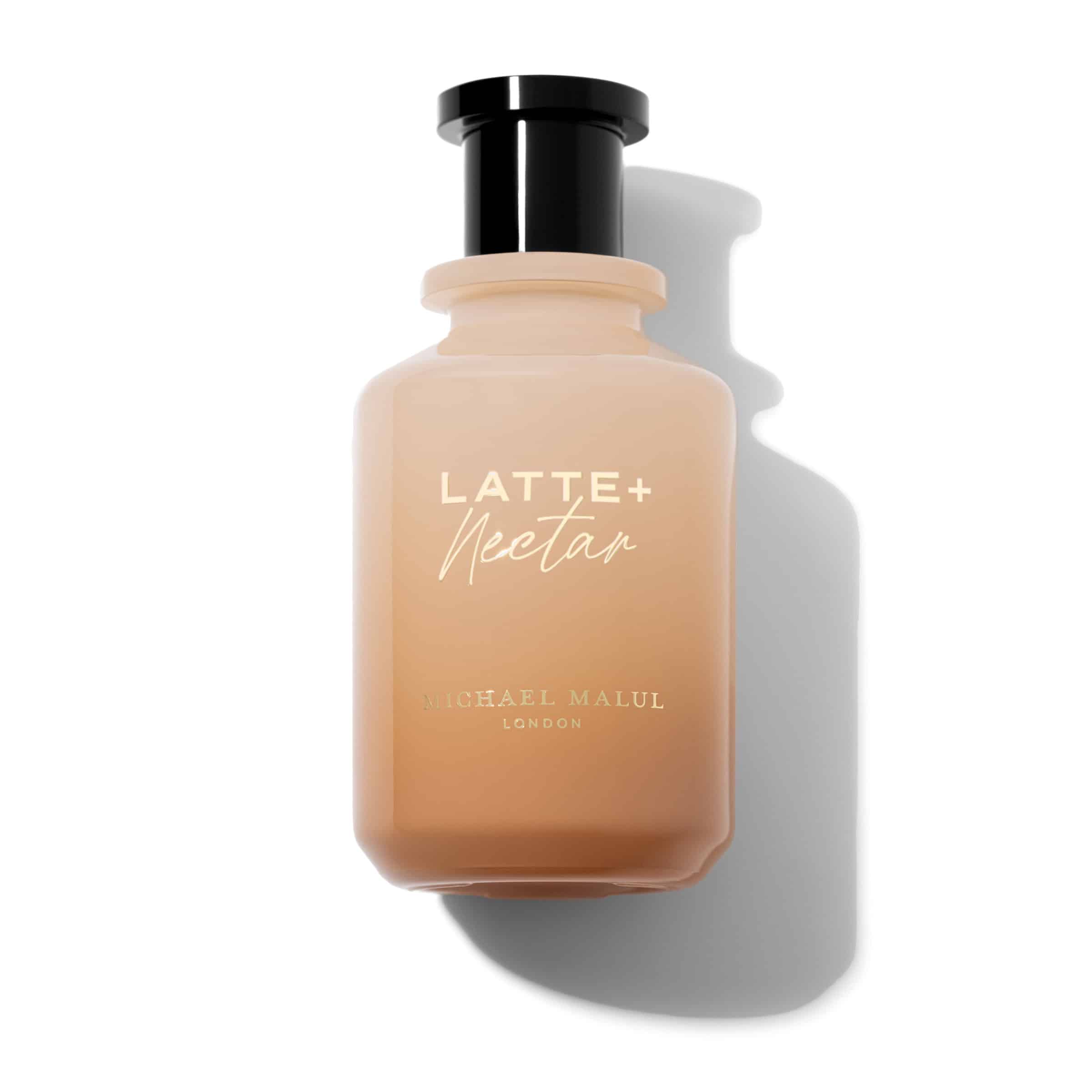Beige bottle with black cap labeled 'Latte Nectar' on a white background