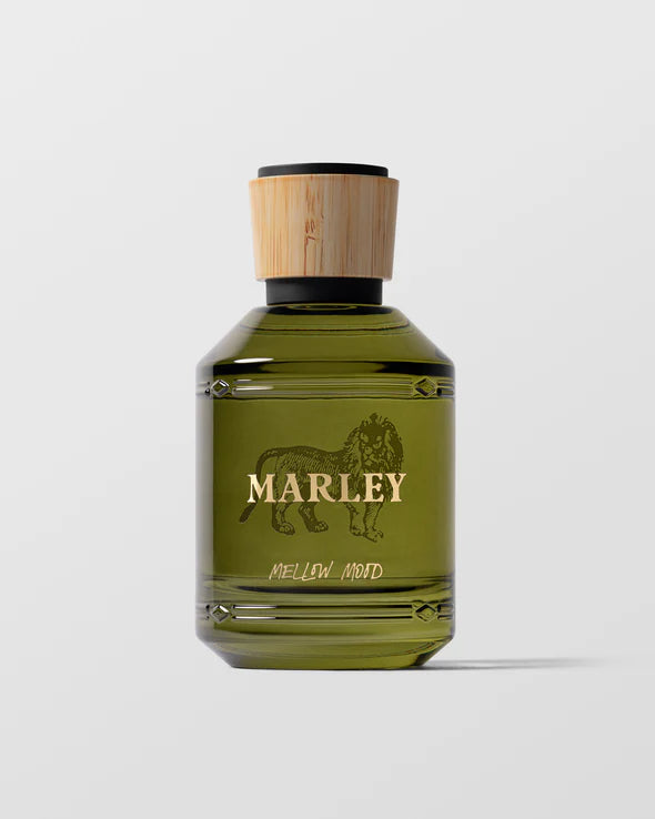 Green bottle with wooden cap labeled 'Marley' on a light gray background