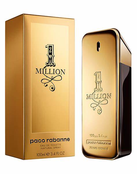 A gold rectangular bottle and box of PACO RABANNE 1 MILLION EDT MEN, with bold black text and decorative accents. This men’s fragrance by PACO RABANNE features a sleek metallic finish and a bold scent in a 100 ml (3.4 fl oz) size.
