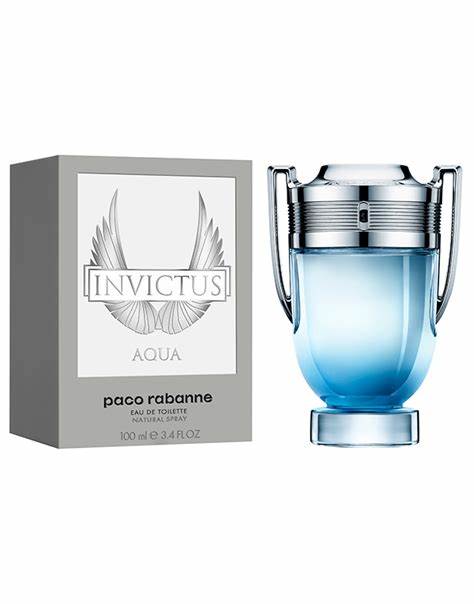 A trophy-shaped bottle of PACO RABANNE INVICTUS AQUA EDT MEN sits beside its gray and white box with wing graphics, highlighting the refreshing and invigorating masculine scent by PACO RABANNE.