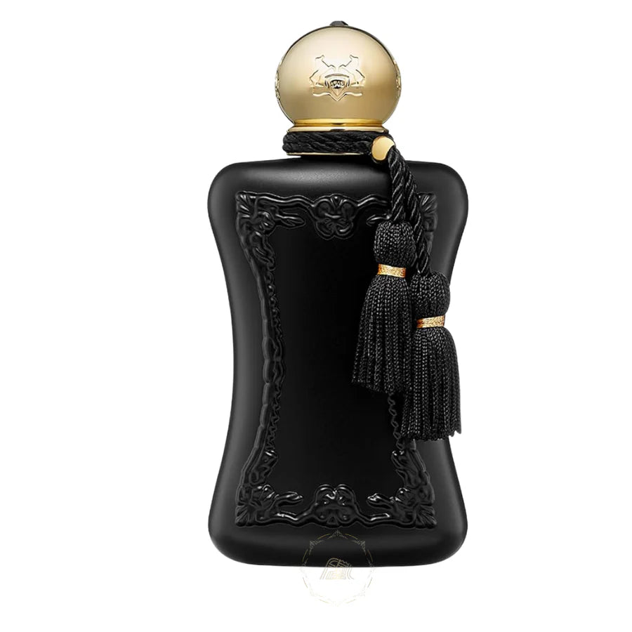 Black perfume bottle with gold cap and tassel on a white background