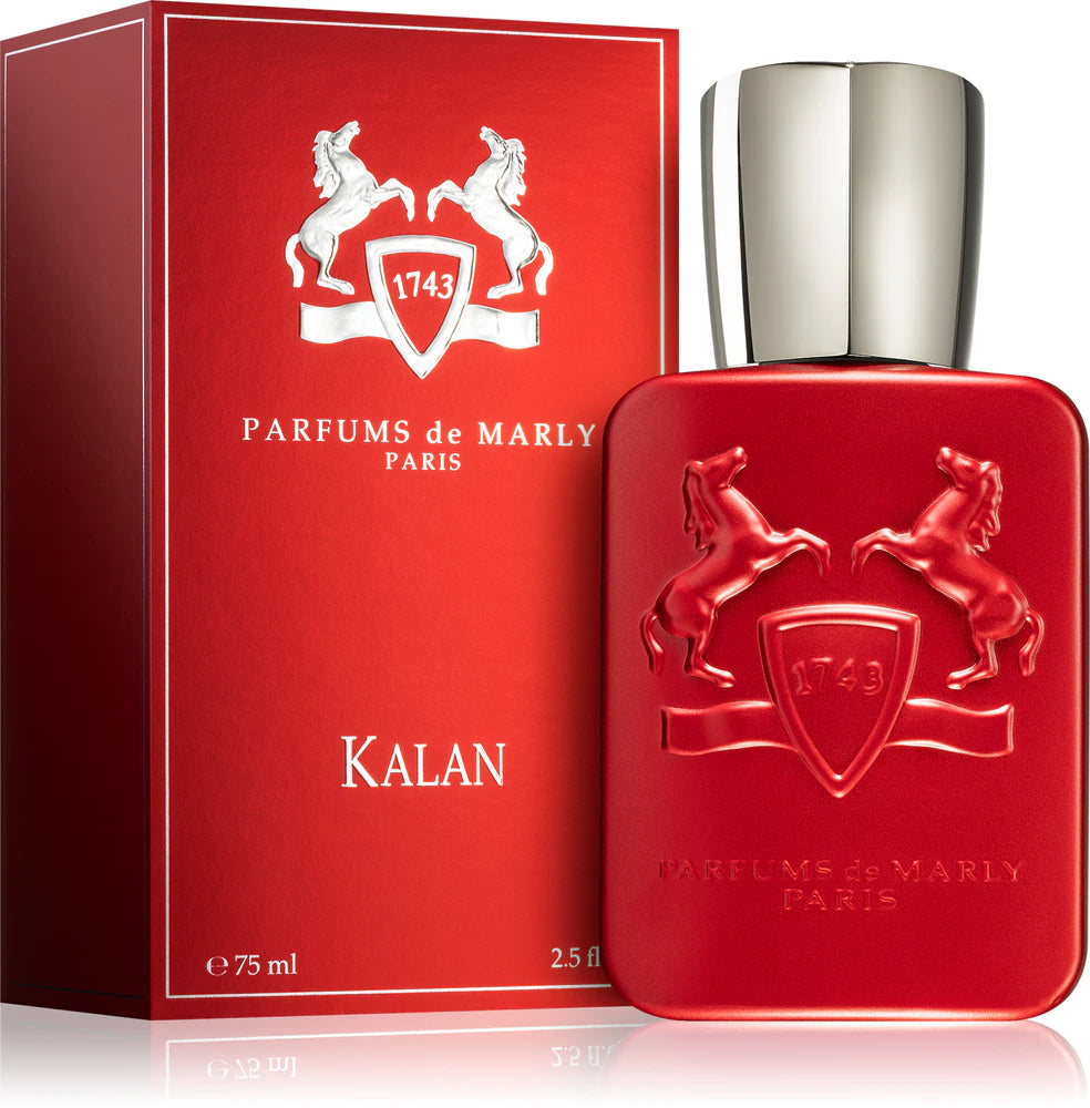 Red Parfums de Marly Paris Kalan perfume bottle and packaging on a white background