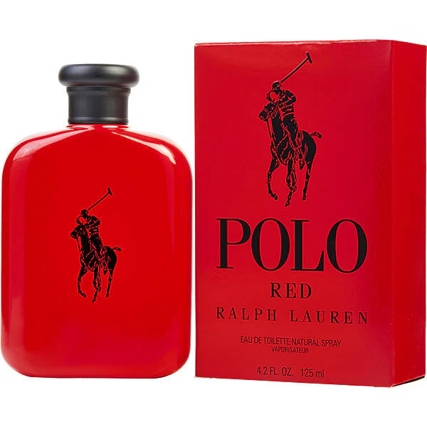 RALPH LAUREN POLO RED EDT MEN comes in a bold red bottle and box, both featuring the iconic black polo player logo capturing the dynamic woody spicy essence of this Ralph Lauren fragrance.