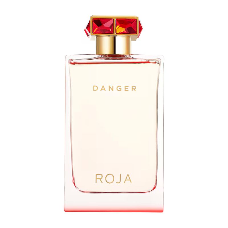 Perfume bottle labeled 'Danger' by Roja on a white background