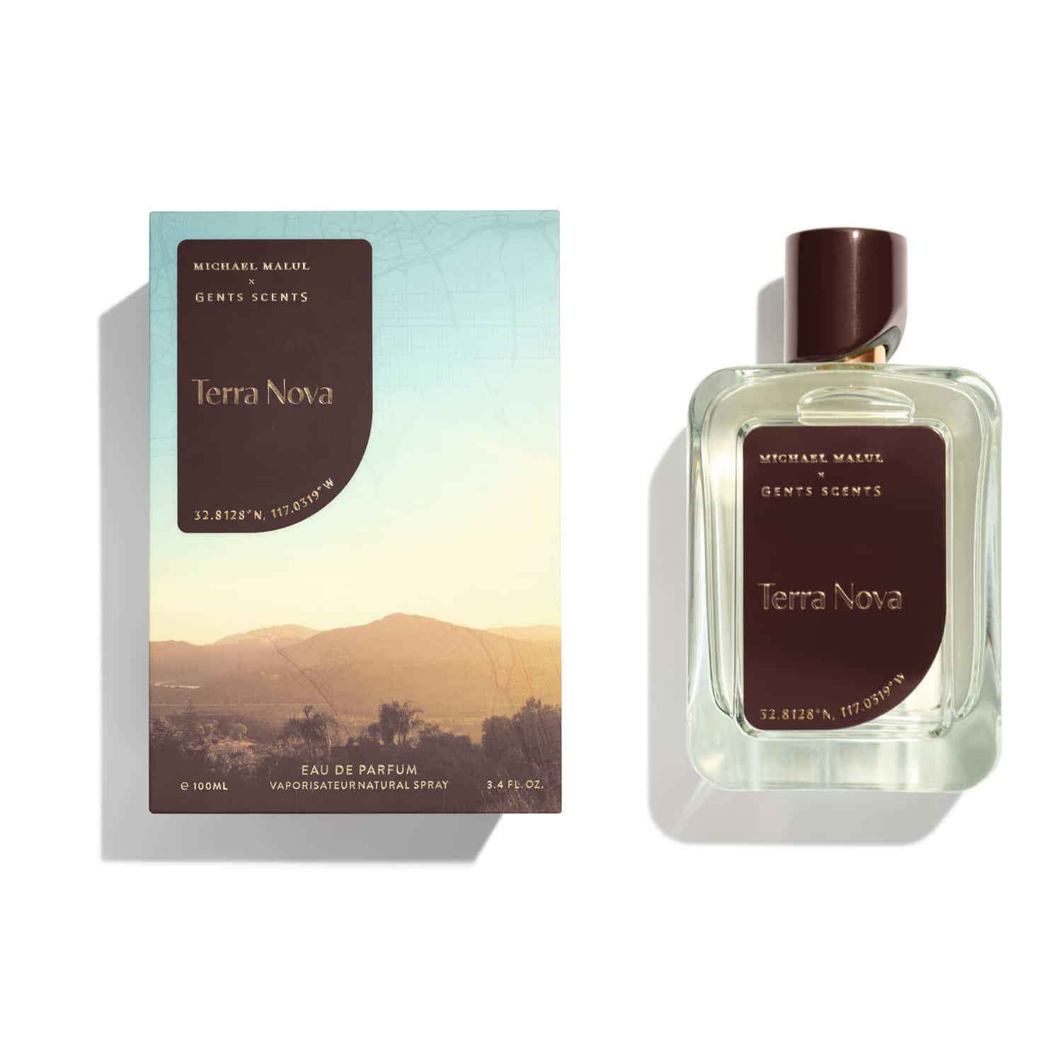 Terra Nova perfume bottle and packaging on a white background