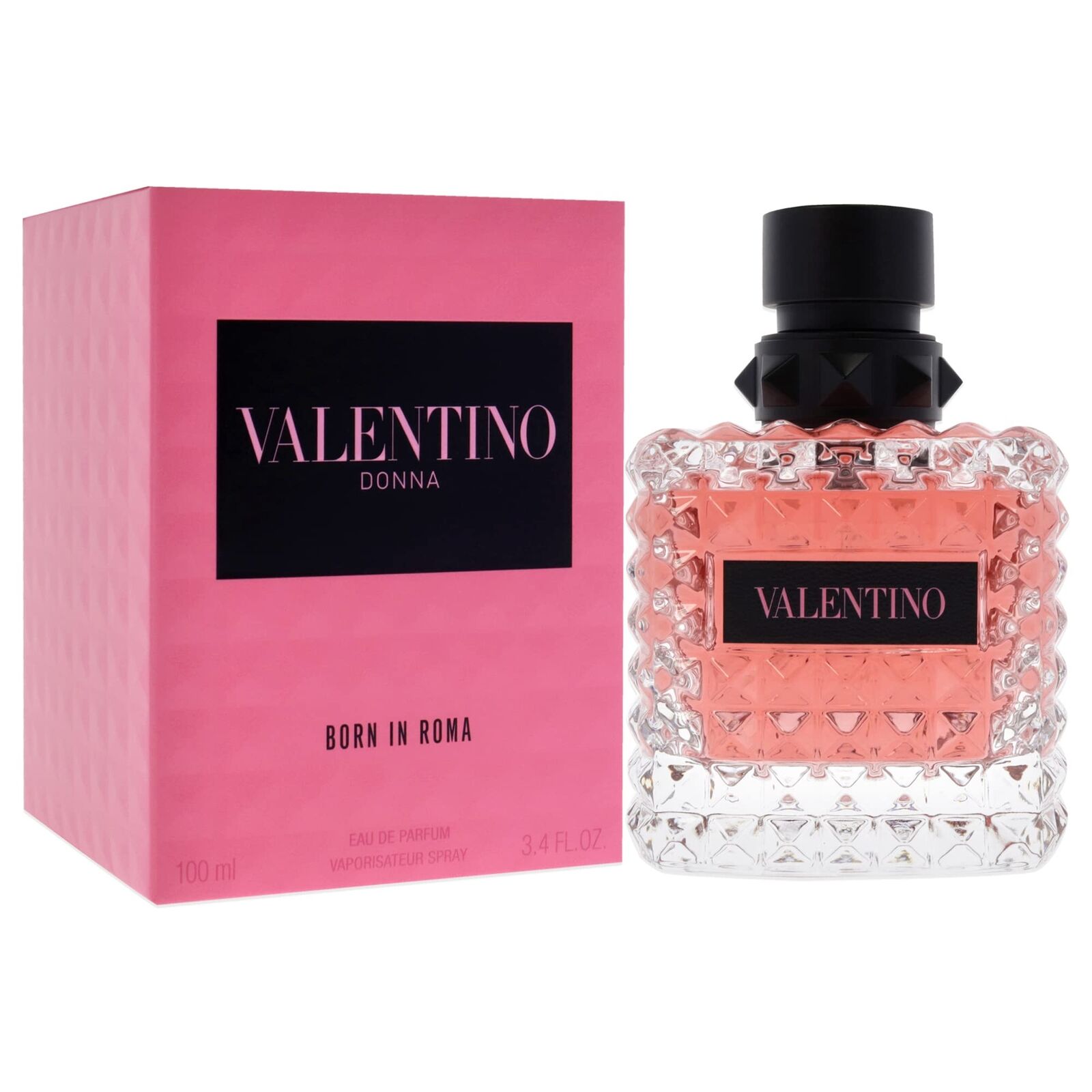A pink box and matching textured glass bottle encase VALENTINO DONNA BORN IN ROME by VALENTINO, a floral-oriental women’s perfume that features jasmine sambac for a luxurious touch.