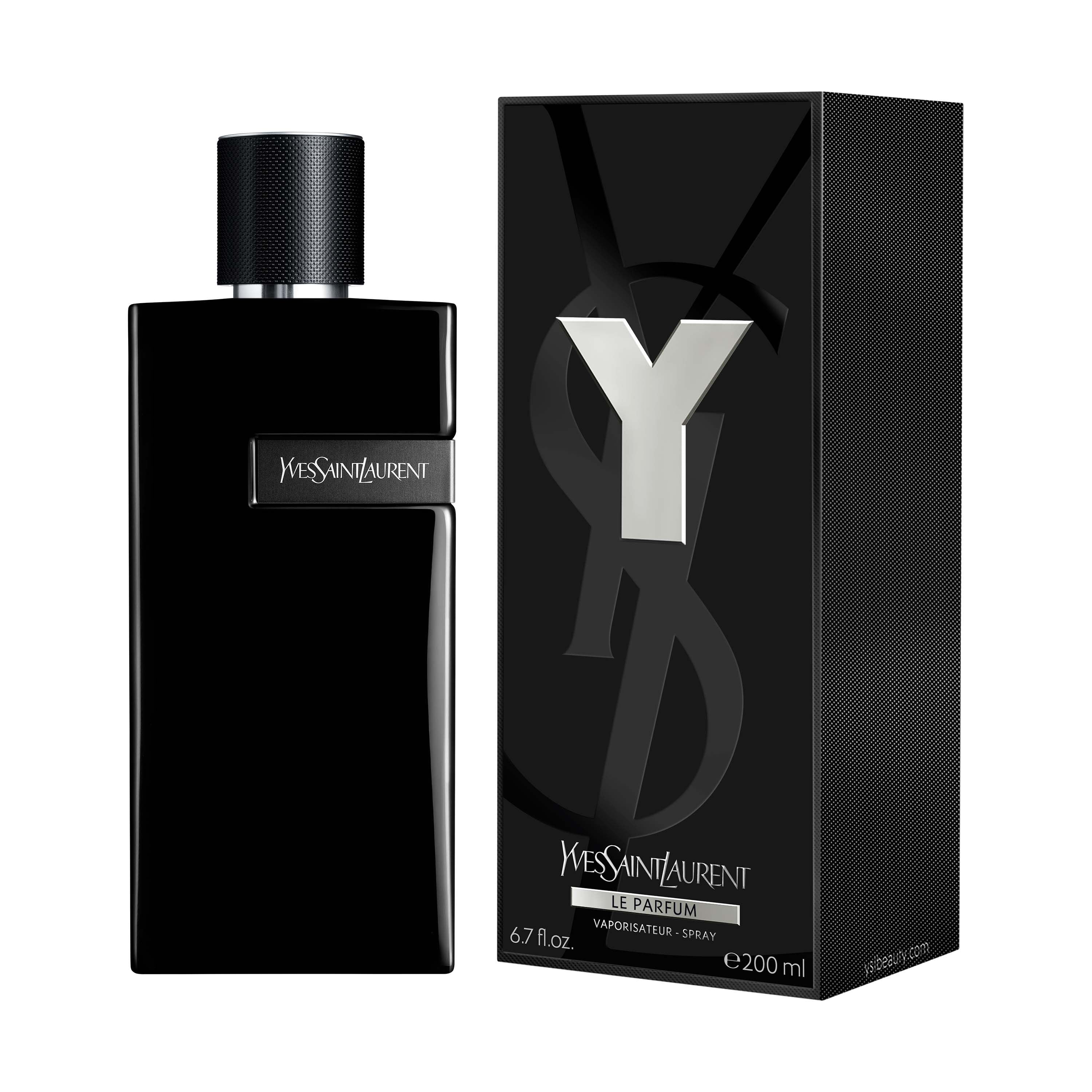 A black YSL Y LE PARFUM EDP MEN bottle stands beside its matching black box, both showcasing silver logos and text. The box features a large Y and the YVES SAINT LAURENT brand name, making this mens fragrance eye-catching.