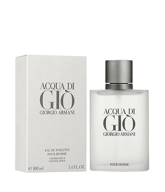 A bottle of GIORGIO ARMANI ACQUA DI GIO EDT FOR MAN stands beside its box, both in white with black text, showcasing minimalist elegance and evoking the fresh, citrus-inspired spirit of the Mediterranean.
