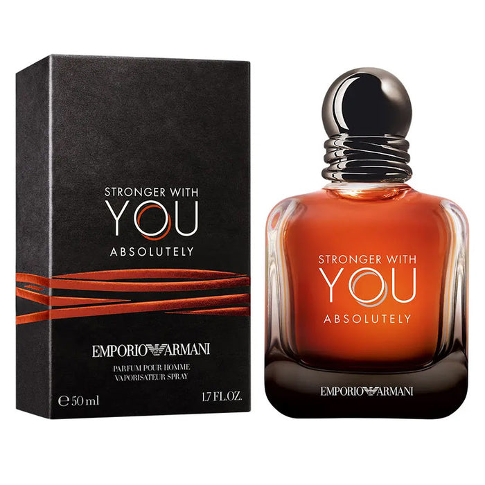 Emporio Armani perfume bottle and packaging with 'Stronger with You Absolutely' text.