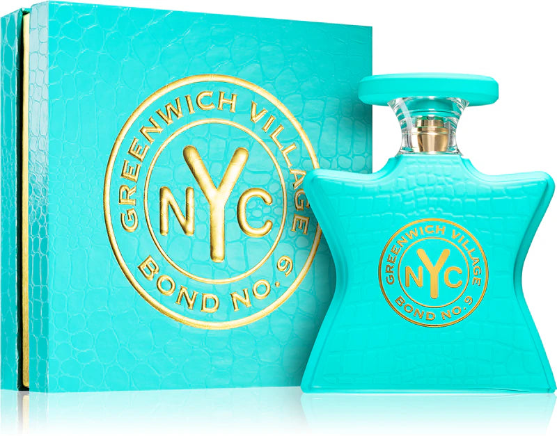 A turquoise bottle and matching box of BOND No9 GREENWHICH VILLAGE UNISEX perfume, featuring gold accents and lettering, displayed against a white background.