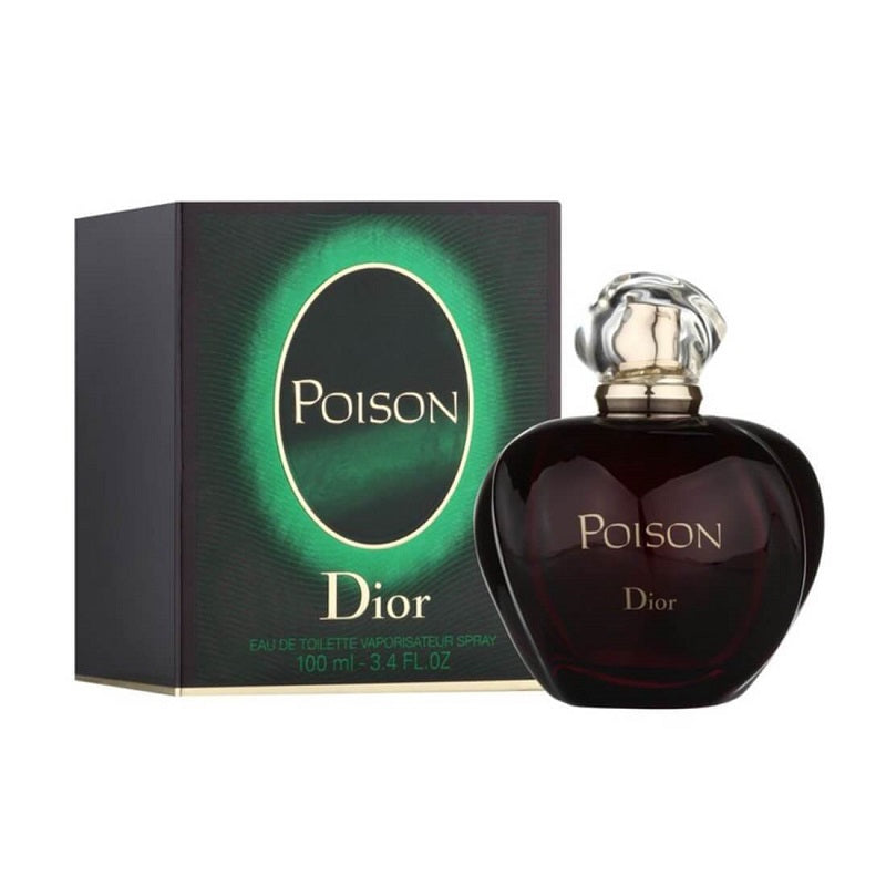 A bottle of DIOR POISON EDT WOMEN by DIOR sits beside its dark green and black box, which displays Poison in a glowing oval above the brand. The bottle is dark and curvy with a clear, sculpted cap.