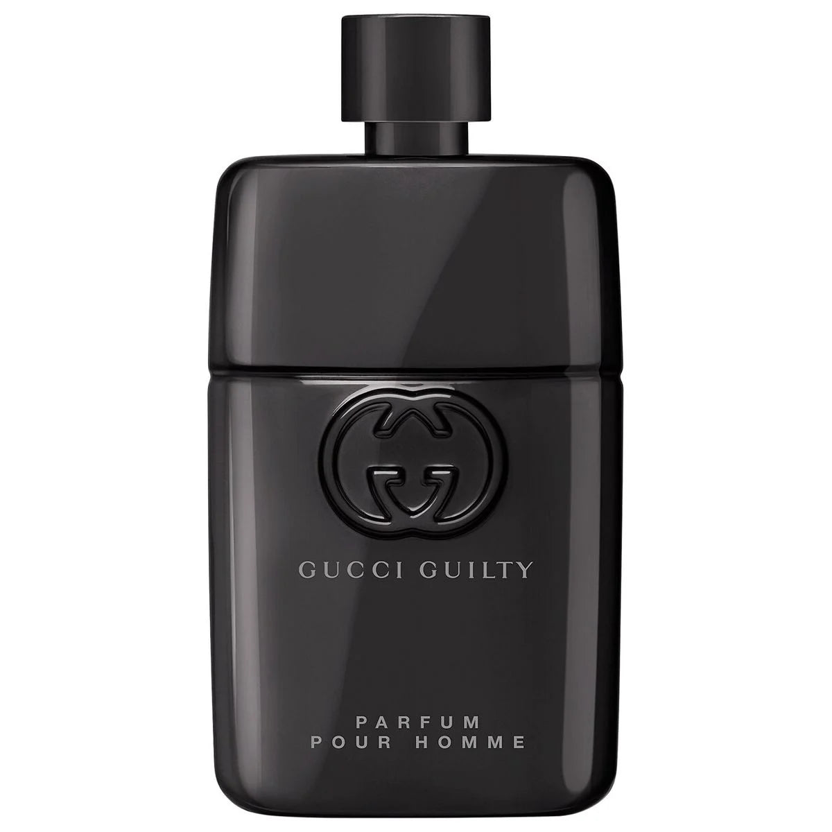 A sleek black bottle of GUCCI GUILTY PARFUM MEN by GUCCI, with the iconic logo and silver text on the front plus a matching cap a bold, modern fragrance for men.