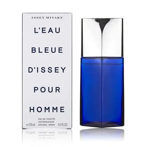 Issey Miyake L'Eau Bleue D'Issey Pour Homme perfume bottle and packaging on a white background