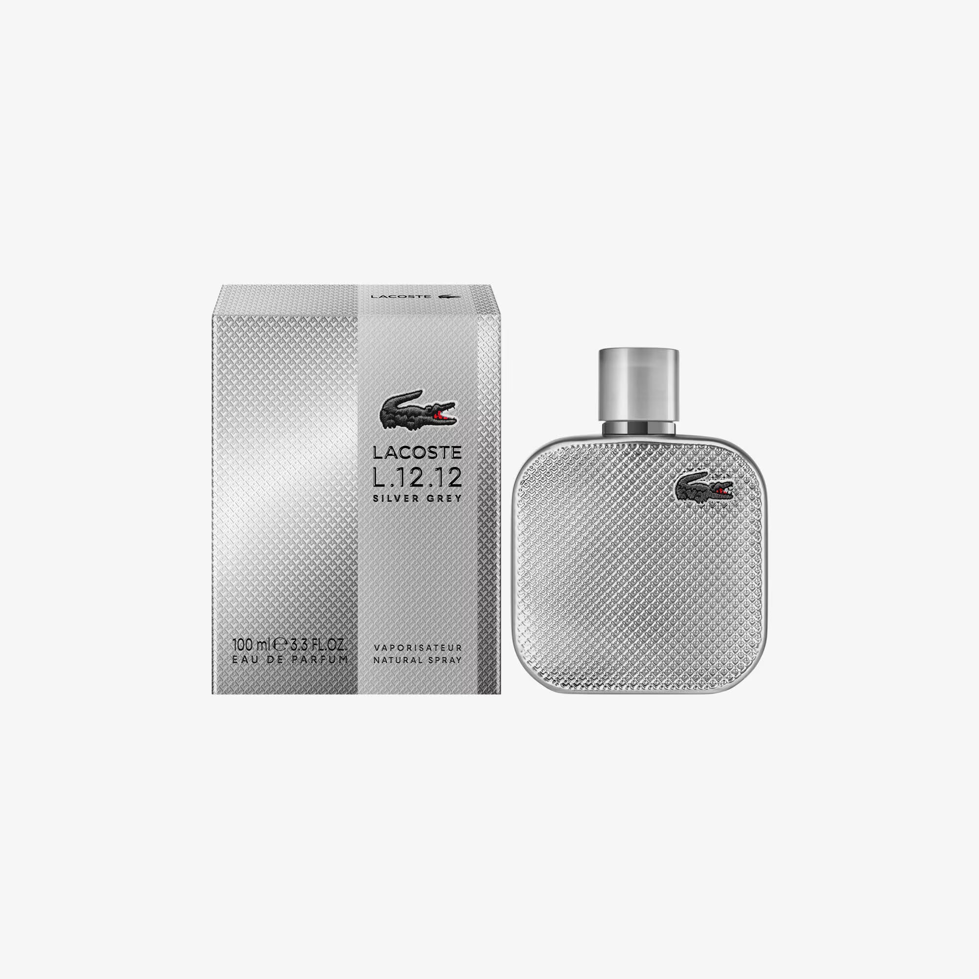 Lacoste L.12.12 Silver Grey perfume bottle and packaging on a white background