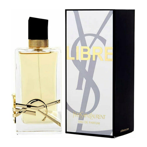 A bottle of YVES SAINT LAURENT LIBRE EDP WOMEN by YSL, a refined fragrance for women, features a gold YSL logo and black cap, displayed next to its elegant black and gold branded box.