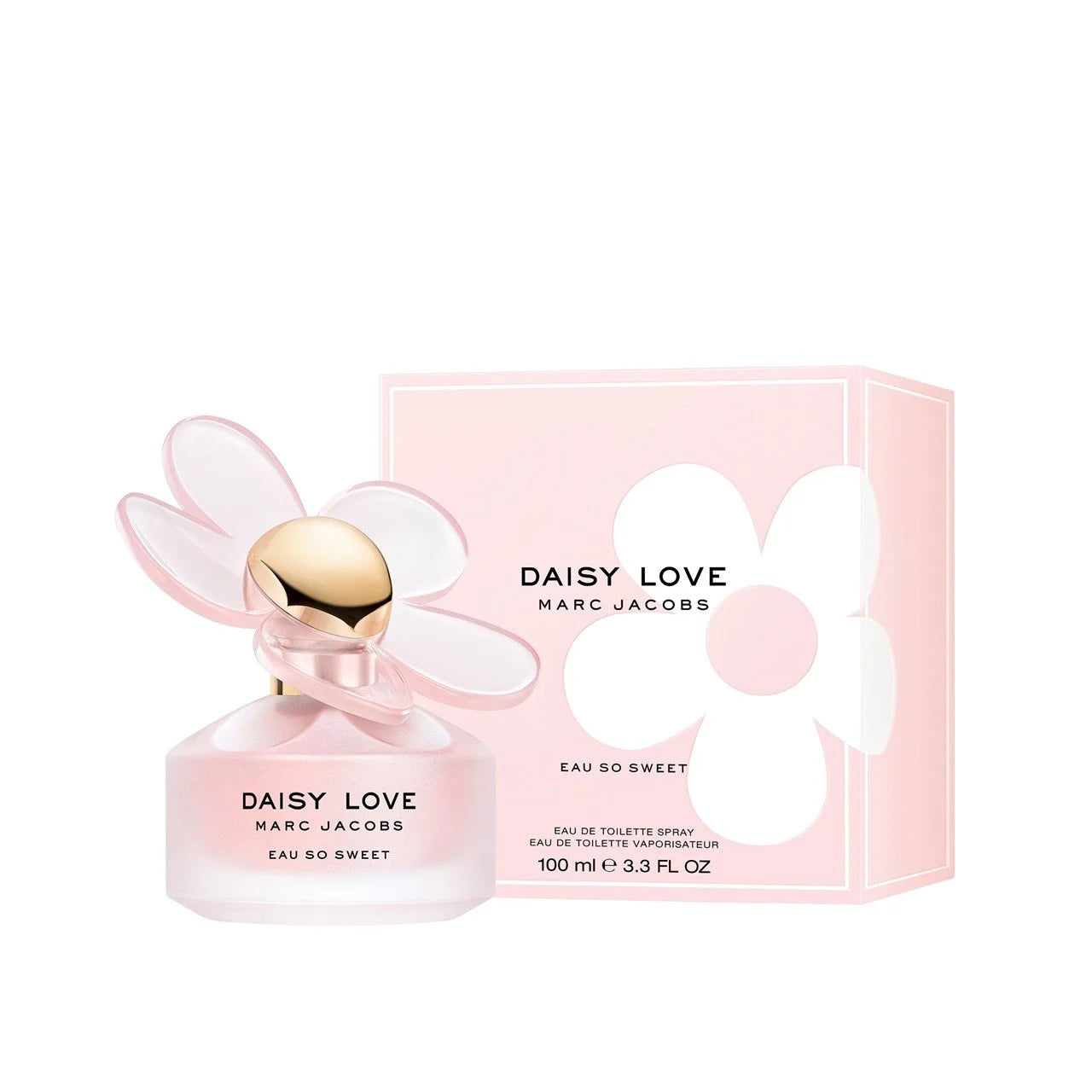 A 100 ml bottle of MARC JACOBS DAISY LOVE EAU SO SWEET with a pink floral cap sits next to its matching box, both featuring white daisy accents. This floral fragrance embodies the romantic signature scent of MARC JACOBS Daisy Love.