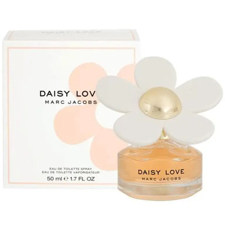 Marc Jacobs Daisy Love perfume bottle and packaging on a white background