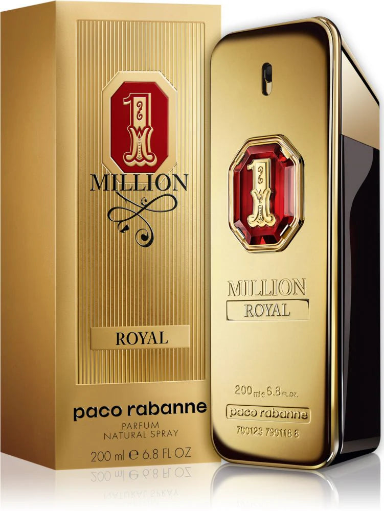 A gold bottle of PACO RABANNE 1 MILLION ROYAL PARFUM MAN stands beside its matching gold box, both featuring a red and gold emblem with fragrance details, reflecting the luxurious and regal scent by PACO RABANNE.