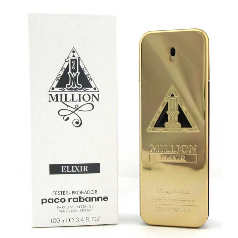 Gold perfume bottle and packaging of Paco Rabanne Million Elixir on a white background
