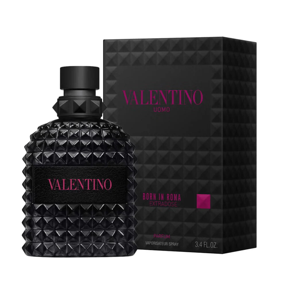 Black textured Valentina perfume bottle and packaging on a white background