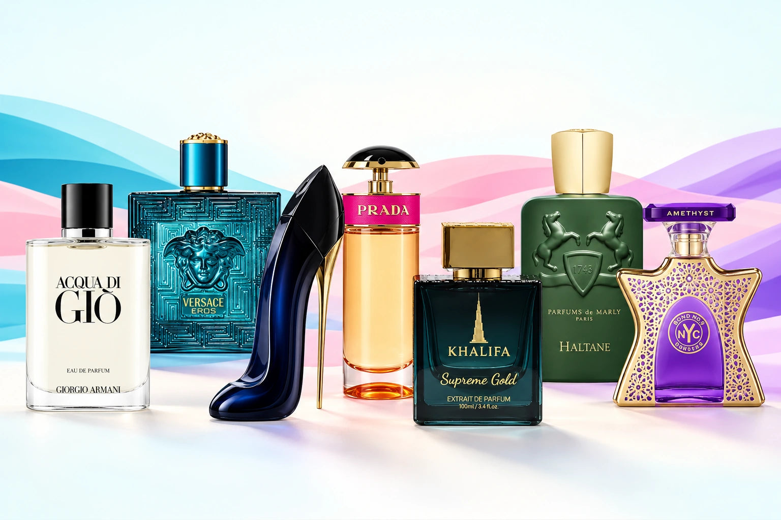 A fragrance collection featuring Armani, Versace, Carolina Herrera, Prada, Khalifa By Brerro, Parfums de Marly and Bond No. 9